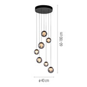 Moderne LED-Pendelleuchte mit sieben kugelförmigen Leuchten, hängend von einer runden Deckenhalterung, seitliche Perspektive.