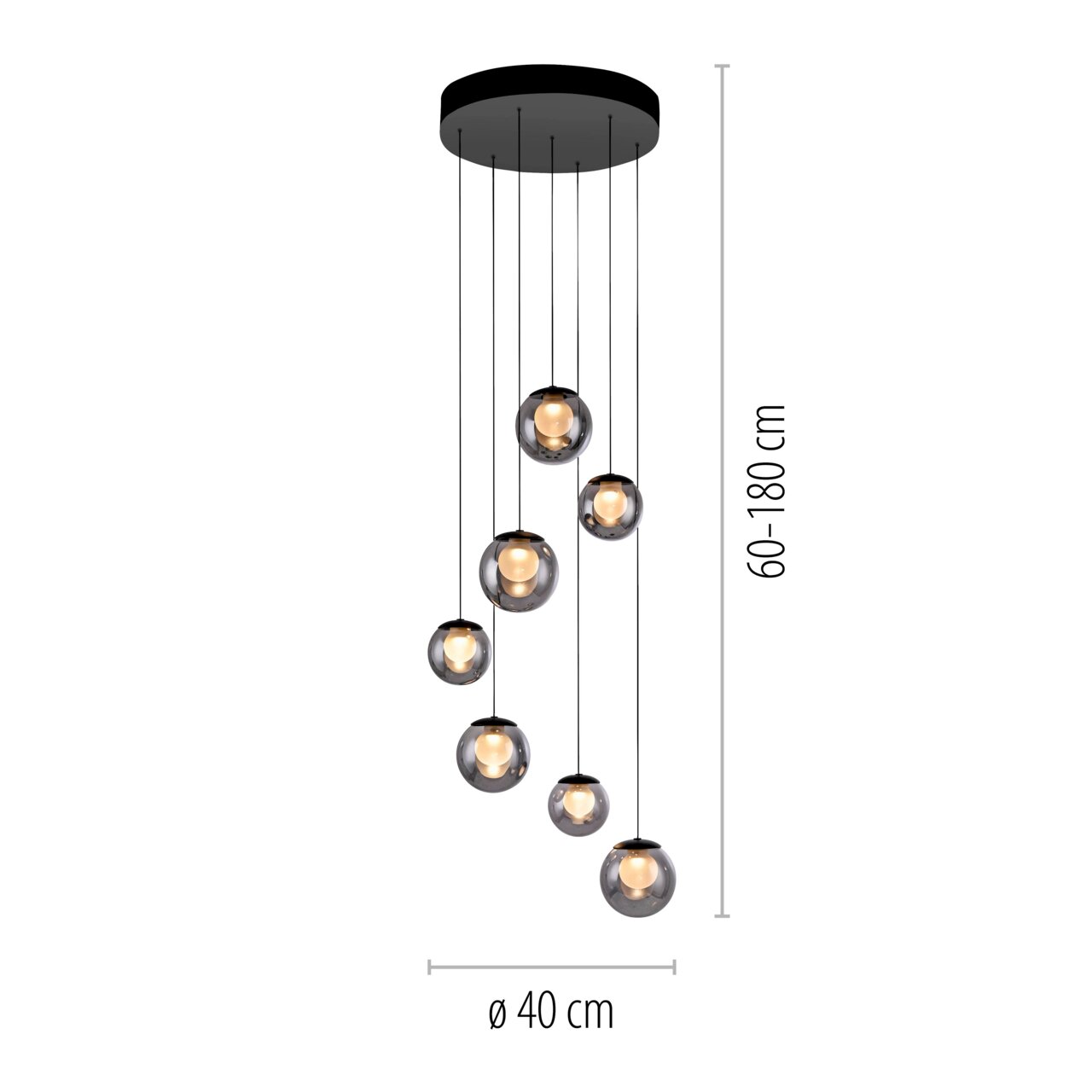 Moderne LED-Pendelleuchte mit sieben kugelförmigen Leuchten, hängend von einer runden Deckenhalterung, seitliche Perspektive.