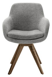 Grauer Armlehnstuhl mit Holzbeinen, Frontalansicht