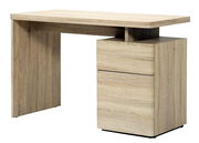 Moderner Schreibtisch aus hellem Holz mit zwei Schubladen, seitliche Perspektive