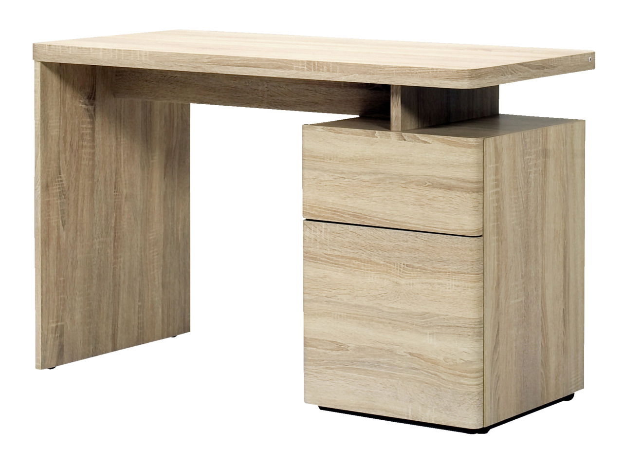 Moderner Schreibtisch aus hellem Holz mit zwei Schubladen, seitliche Perspektive