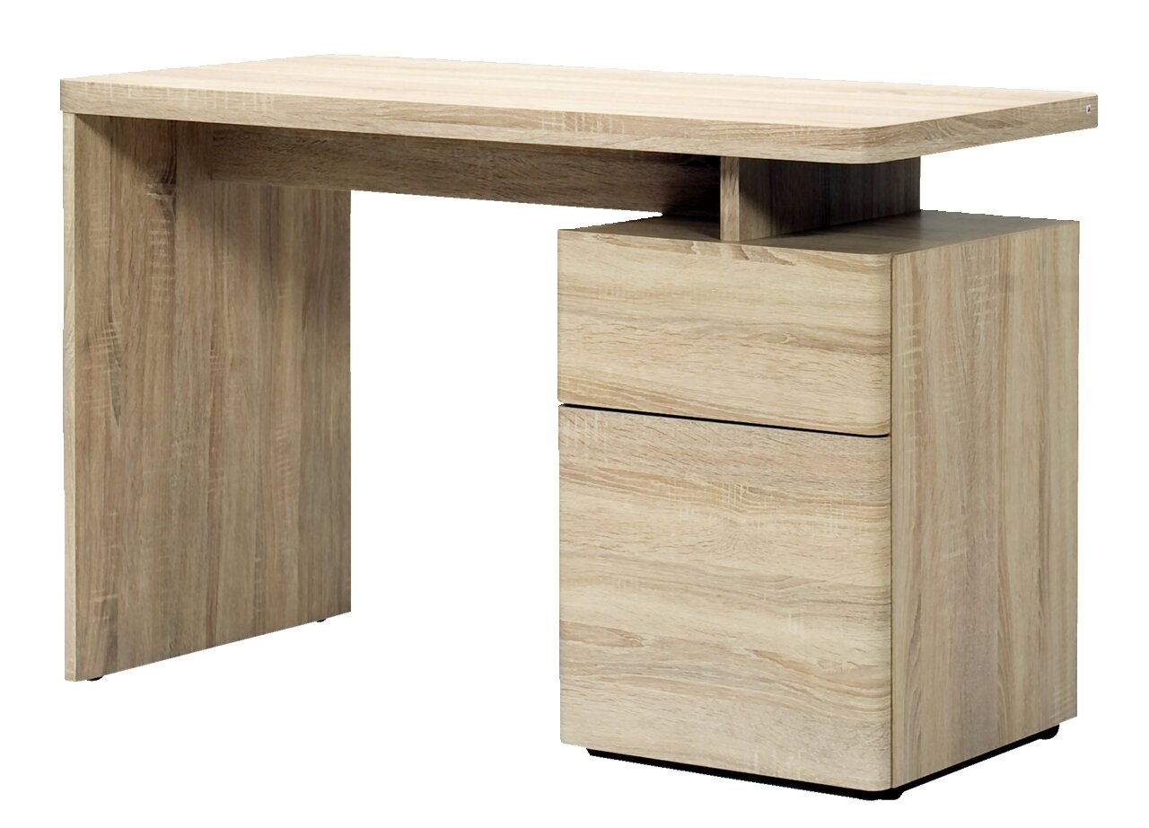 Moderner Schreibtisch aus hellem Holz mit zwei Schubladen, seitliche Perspektive