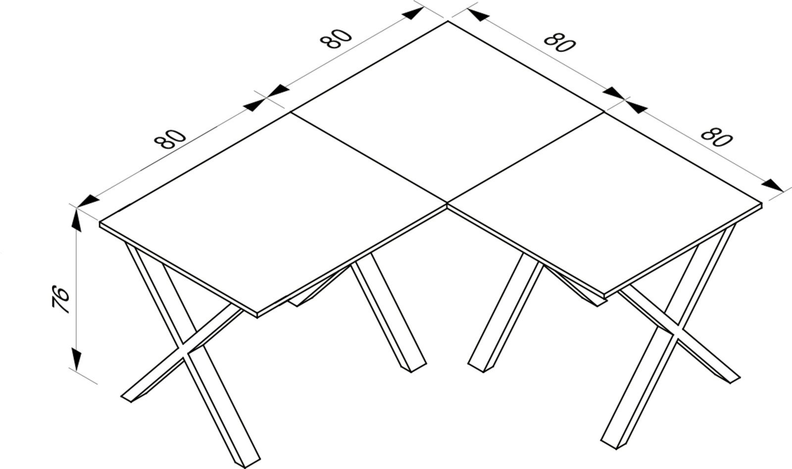 Isometrische technische Zeichnung eines klappbaren Tisches mit vier quadratischen Tischplatten (je 80 cm) und X-förmigem Gestell, Höhe ca. 75 cm, Ansicht schräg von oben.