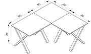 Isometrische technische Zeichnung eines klappbaren Tisches mit vier quadratischen Tischplatten (je 80 cm) und X-förmigem Gestell, Höhe ca. 75 cm, Ansicht schräg von oben.