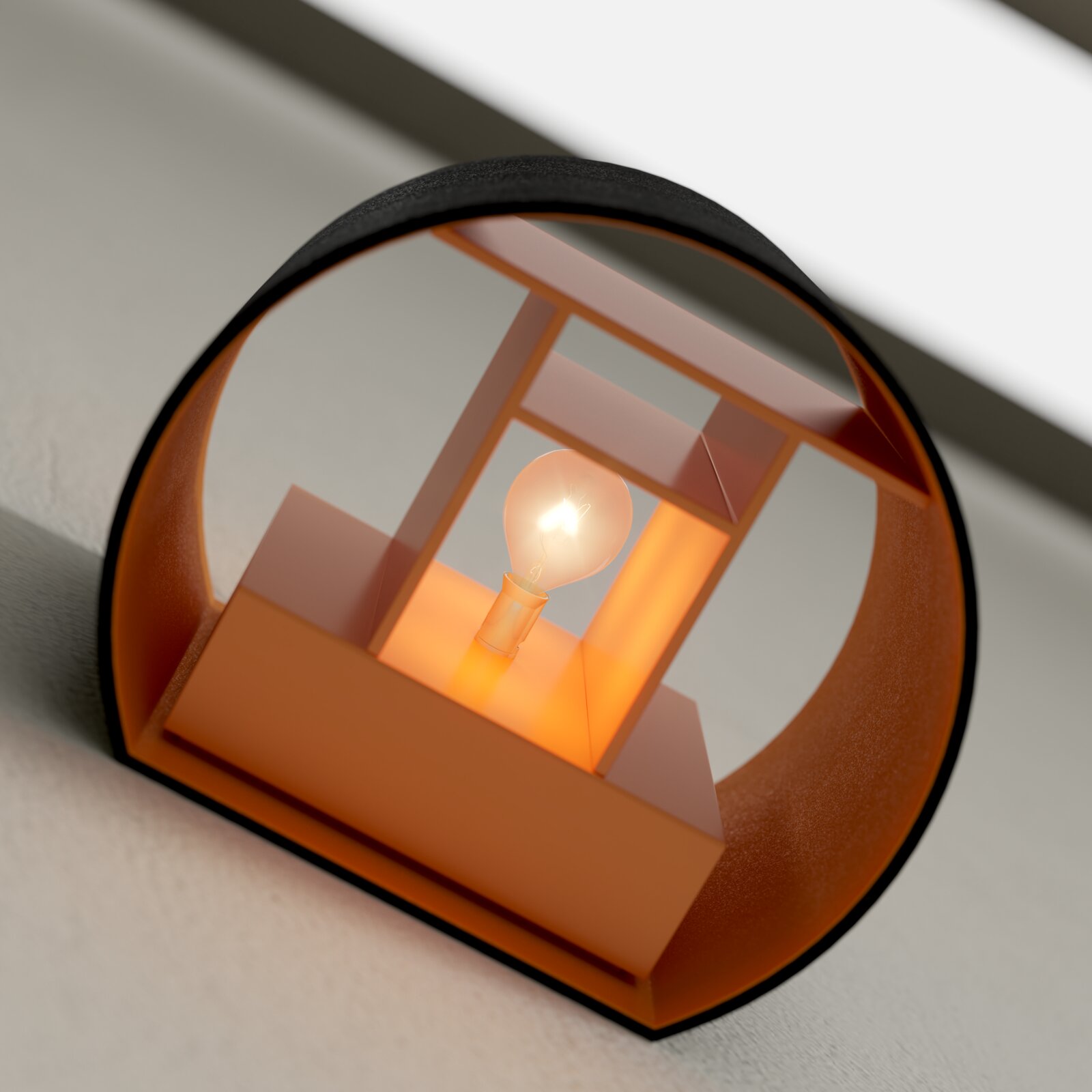 Moderne Wandleuchte mit rundem Schirm in Kupfer/Orange und sichtbarer Glühbirne, Nahaufnahme aus schräger Untersicht