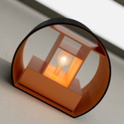 Moderne Wandleuchte mit rundem Schirm in Kupfer/Orange und sichtbarer Glühbirne, Nahaufnahme aus schräger Untersicht