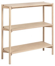 Holzregal mit drei Ebenen, seitliche Perspektive