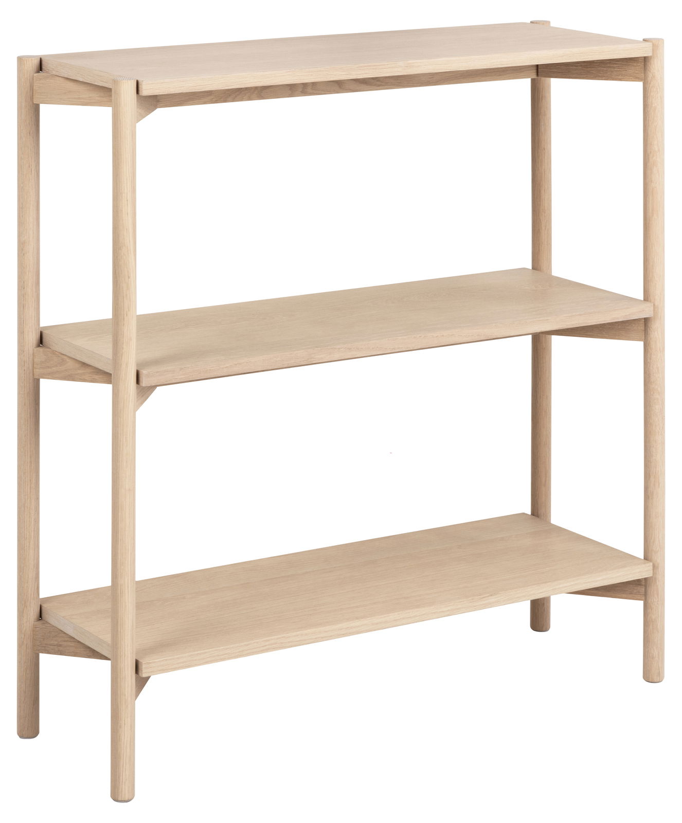 Holzregal mit drei Ebenen, seitliche Perspektive