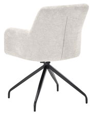 Rückansicht eines modernen Armlehnstuhls mit hellgrauem Stoffbezug und schwarzem Metallgestell.