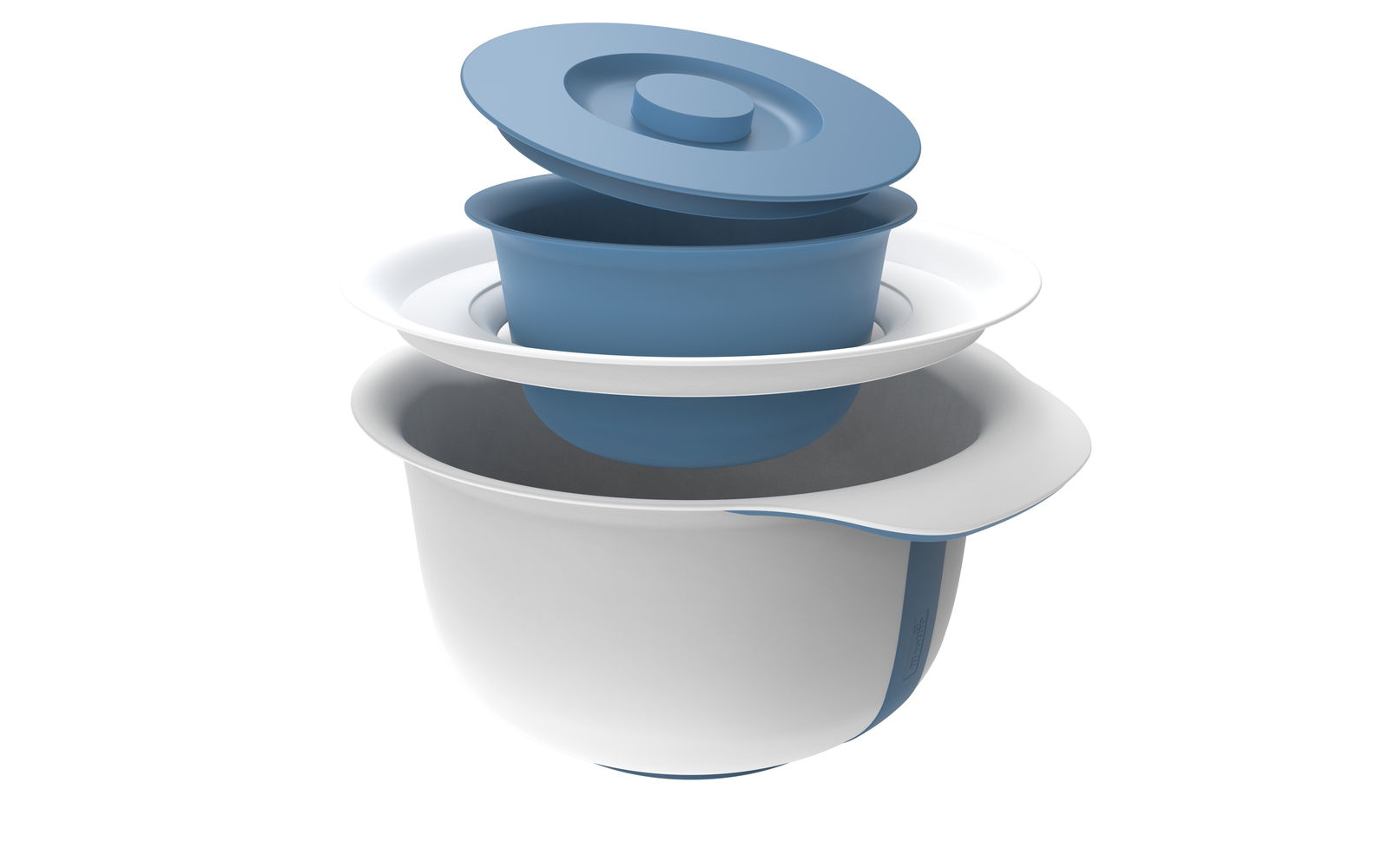 rotho Backschüssel 2- tlg. FRESH Rührschüsselset in Blau und Weiß, bestehend aus zwei ineinander gestapelten Schüsseln mit Deckel, aus der Vogelperspektive.