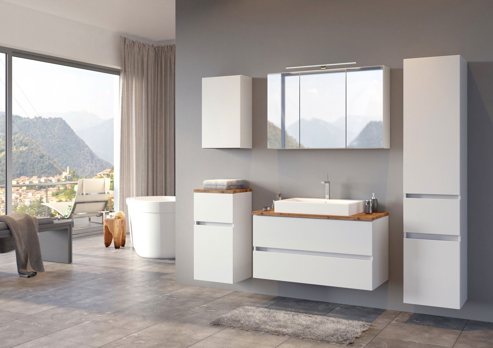 XORA Waschtisch-Set PIENZA Modernes Waschtisch-Set in einem stilvollen Badezimmer mit Bergblick, seitliche Perspektive