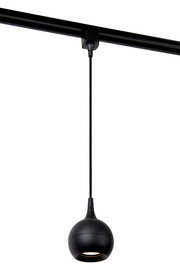 Schwarze Pendelleuchte FAVORI, kugelförmiges Design, von der Seite betrachtet, an einer Schiene hängend.