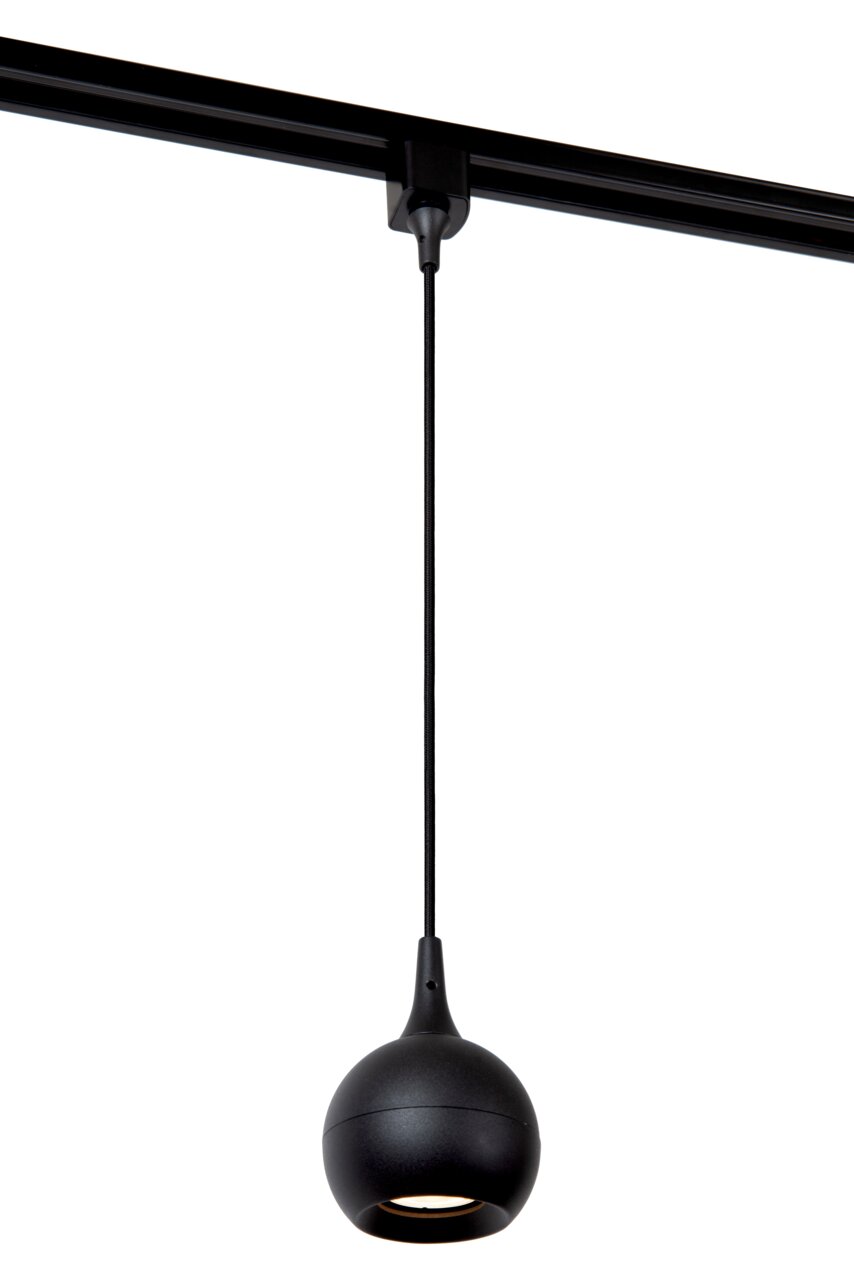 Schwarze Pendelleuchte FAVORI, kugelförmiges Design, von der Seite betrachtet, an einer Schiene hängend.
