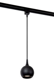 Schwarze Pendelleuchte FAVORI, kugelförmiges Design, von der Seite betrachtet, an einer Schiene hängend.