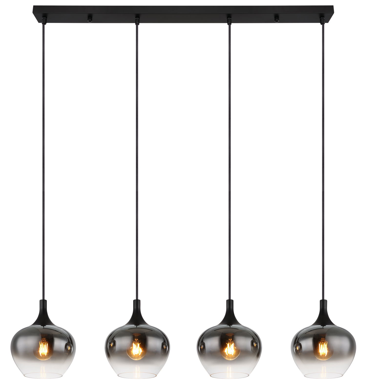 Moderne Hängeleuchte MAXY mit vier rauchgrauen Glaskugeln, frontal betrachtet.