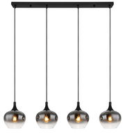 Moderne Hängeleuchte MAXY mit vier rauchgrauen Glaskugeln, frontal betrachtet.