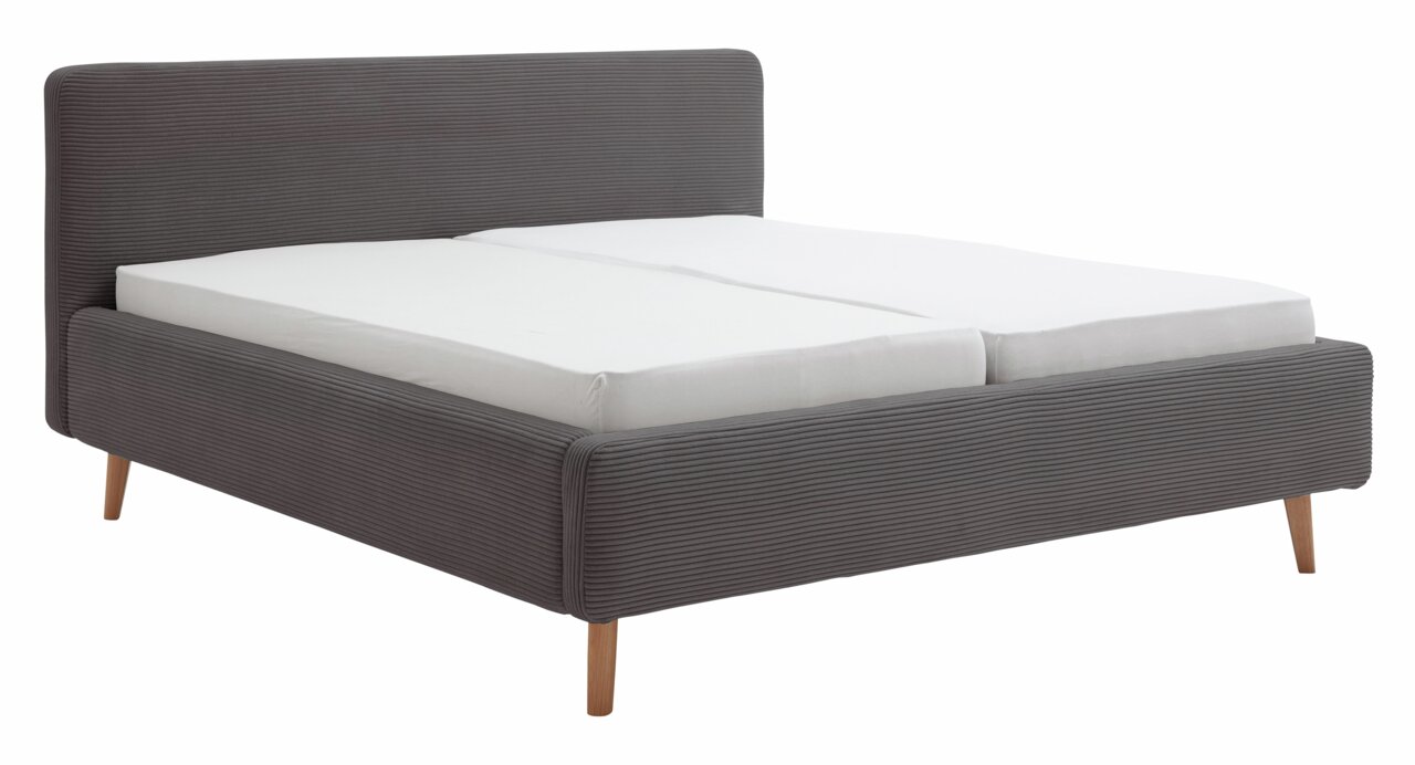 XORA Polsterbett MATTIS Graues Polsterbett mit Holzfüßen, seitliche Perspektive
