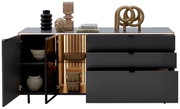 Modernes Sideboard mit offenen Schubladen und Türen, dekoriert mit Vasen und Büchern, aus frontaler Perspektive.