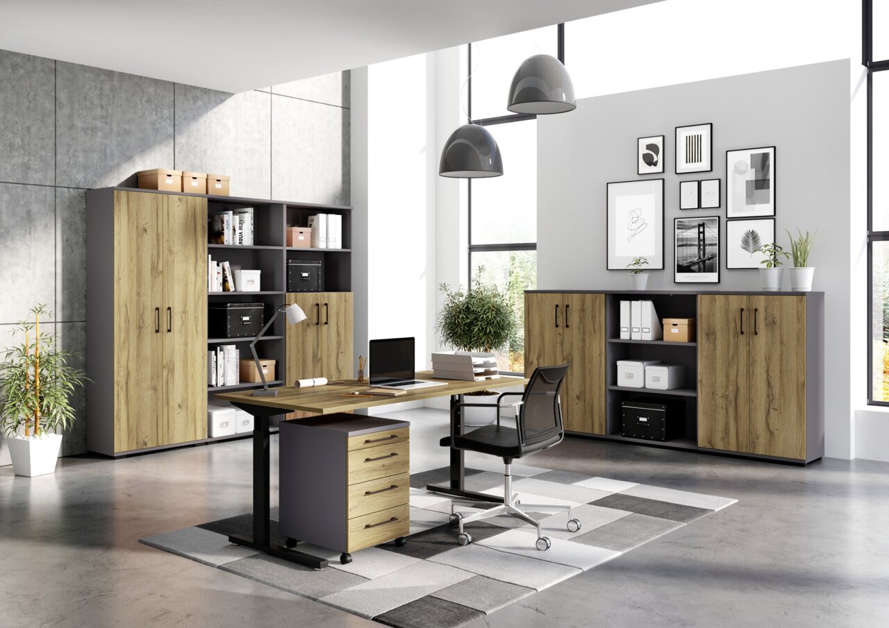 Moderne Büromöbel in einem hellen Raum mit Schreibtisch, Rollcontainer und Aktenschränken aus Holz und Metall, seitliche Perspektive.