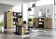 Moderne Büromöbel in einem hellen Raum mit Schreibtisch, Rollcontainer und Aktenschränken aus Holz und Metall, seitliche Perspektive.