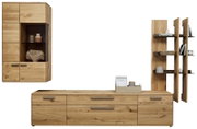 Wohnwand-/Wohnzimmermöbel-Set aus hellem Massivholz in Eichenoptik mit Lowboard, Vitrine mit Glasfach und seitlichem Regal, Frontansicht