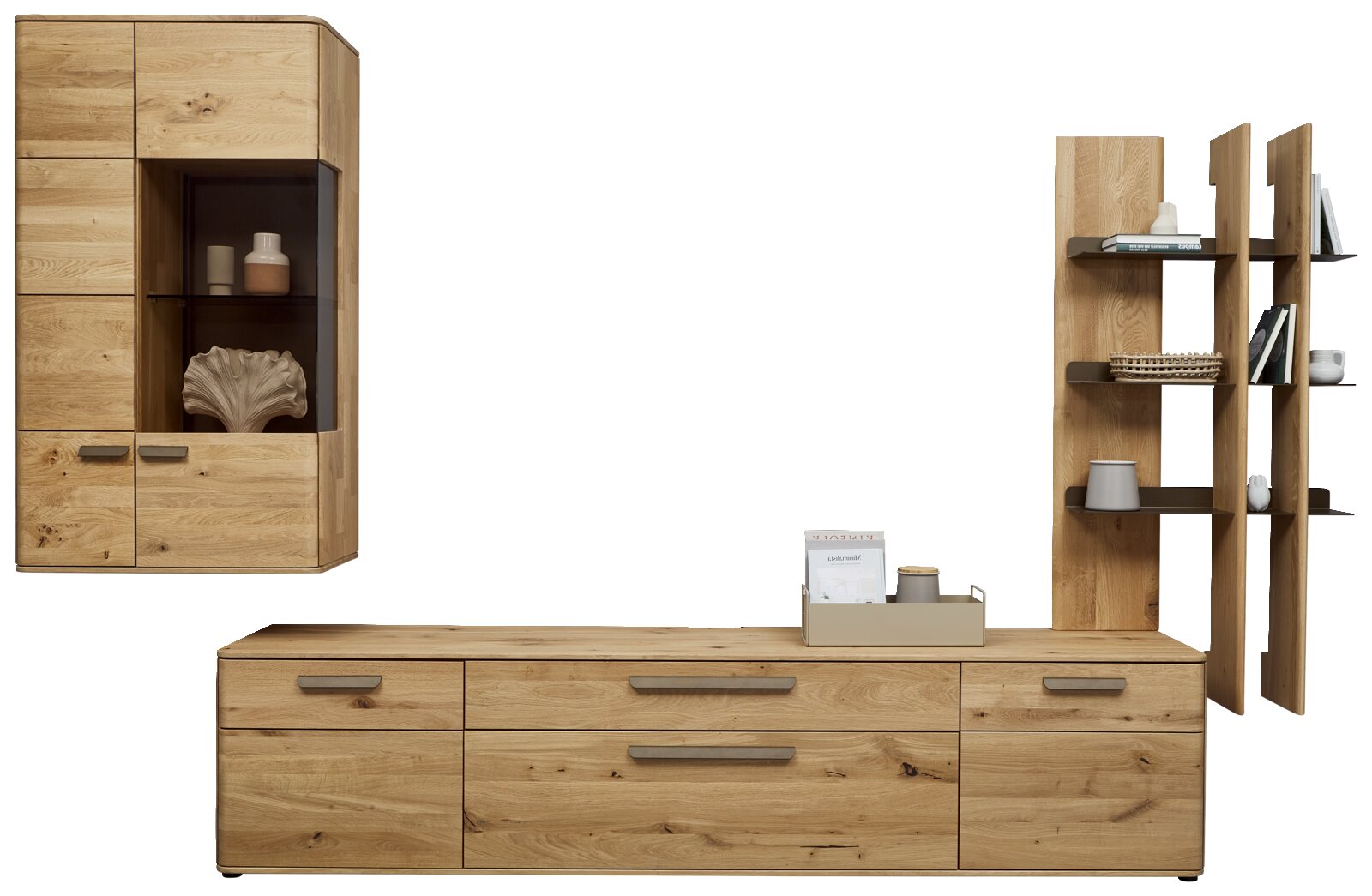 Wohnwand-/Wohnzimmermöbel-Set aus hellem Massivholz in Eichenoptik mit Lowboard, Vitrine mit Glasfach und seitlichem Regal, Frontansicht