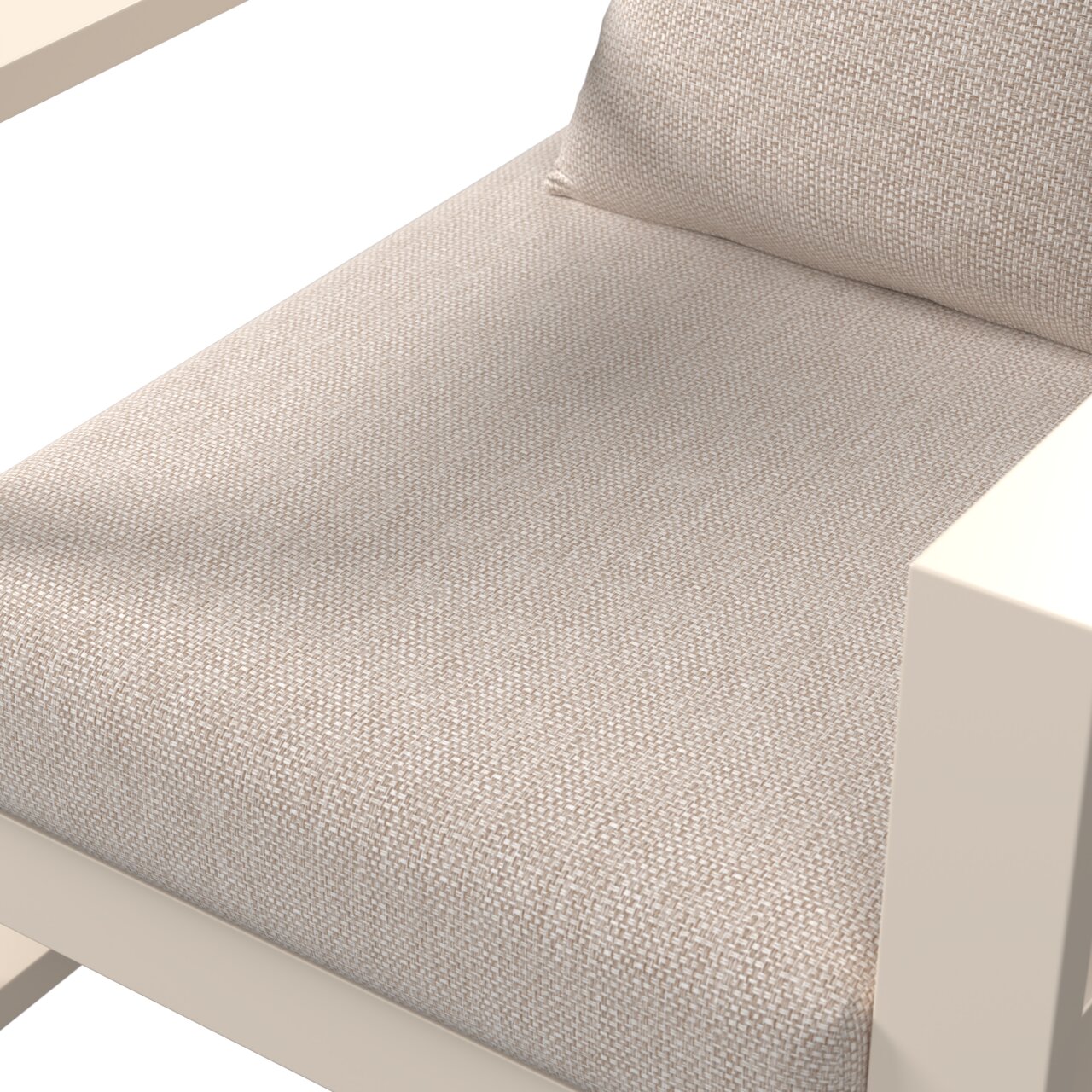 Close-up van een loungestoel met een beige stoffen bekleding en een crèmekleurig frame, gezien van bovenaf.