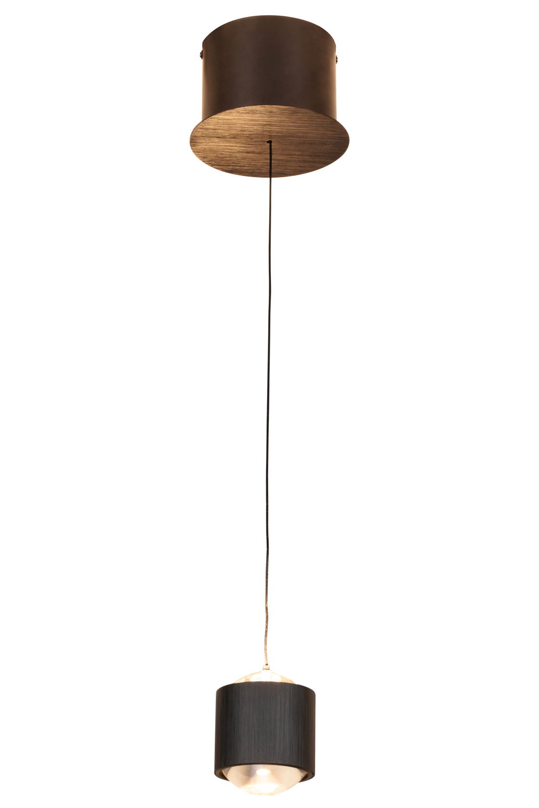 Novel LED-Hängeleuchte COLUMBIA LED-Hängeleuchte in schwarzem Zylinderdesign, von unten betrachtet, mit einem langen Kabel und einer runden Deckenhalterung.