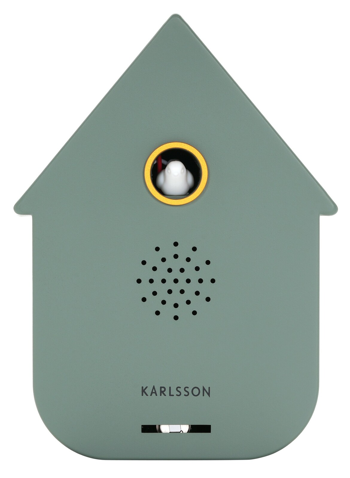 Vorderansicht einer modernen, grünlichen Soundbox in Form eines Hauses mit einem kleinen Vogel in einem runden Fenster und Lautsprecherlöchern darunter.