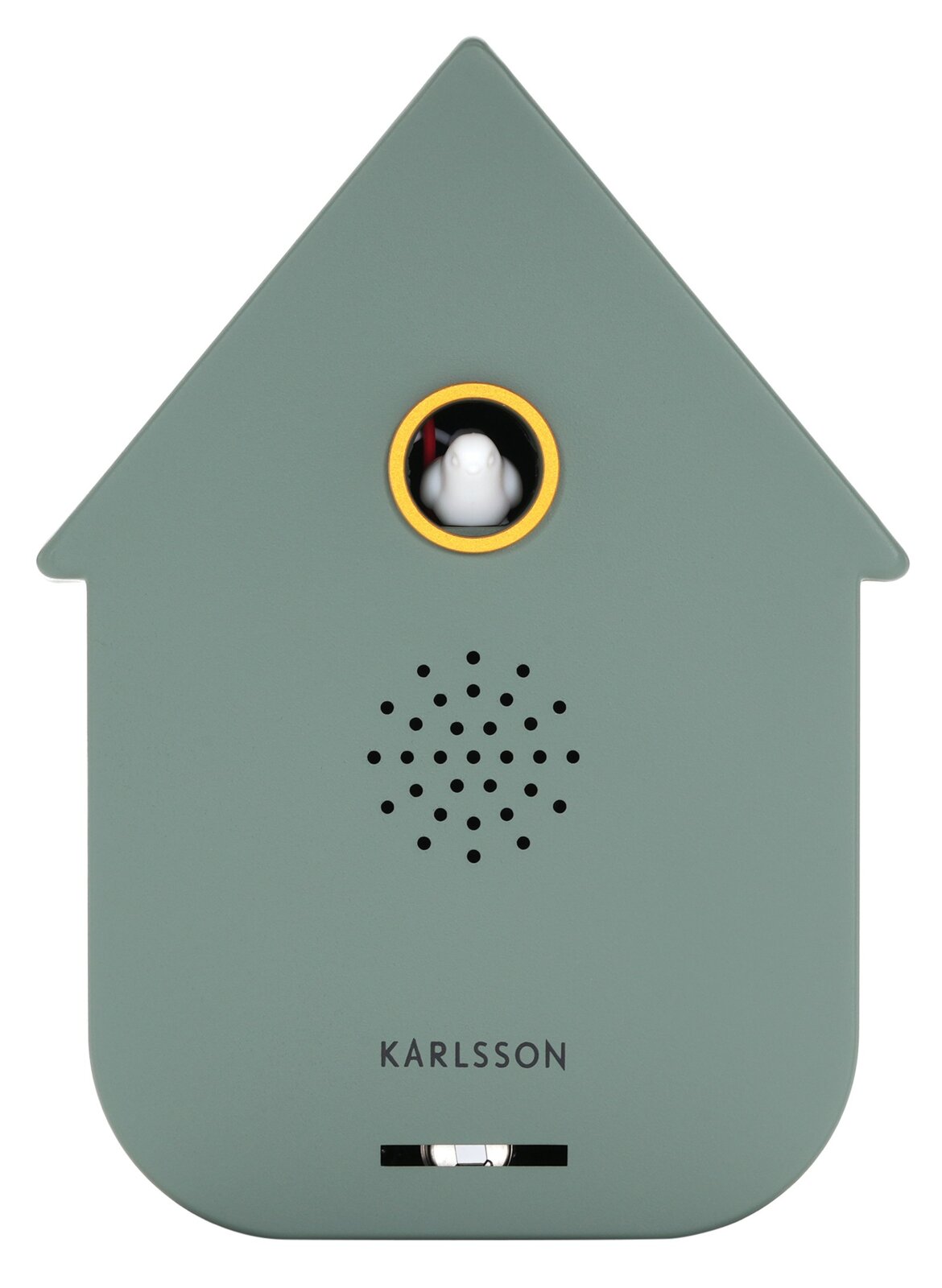 Vorderansicht einer modernen, grünlichen Soundbox in Form eines Hauses mit einem kleinen Vogel in einem runden Fenster und Lautsprecherlöchern darunter.