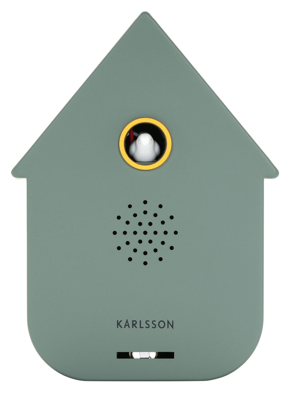 Vorderansicht einer modernen, grünlichen Soundbox in Form eines Hauses mit einem kleinen Vogel in einem runden Fenster und Lautsprecherlöchern darunter.
