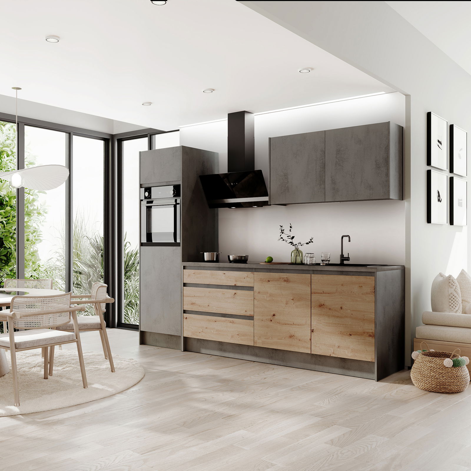 Moderne Küche mit grauen und holzfarbenen Schränken, eingebautem Ofen und Dunstabzugshaube, seitliche Perspektive