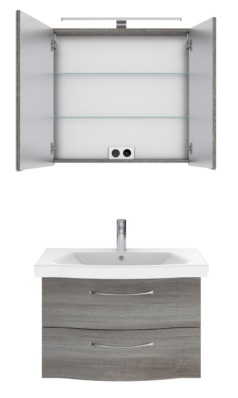 Frontale Ansicht eines modernen Badblocks mit offenem Spiegelschrank und Waschbeckenunterschrank in Holzoptik.