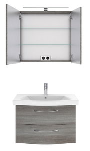 Frontale Ansicht eines modernen Badblocks mit offenem Spiegelschrank und Waschbeckenunterschrank in Holzoptik.