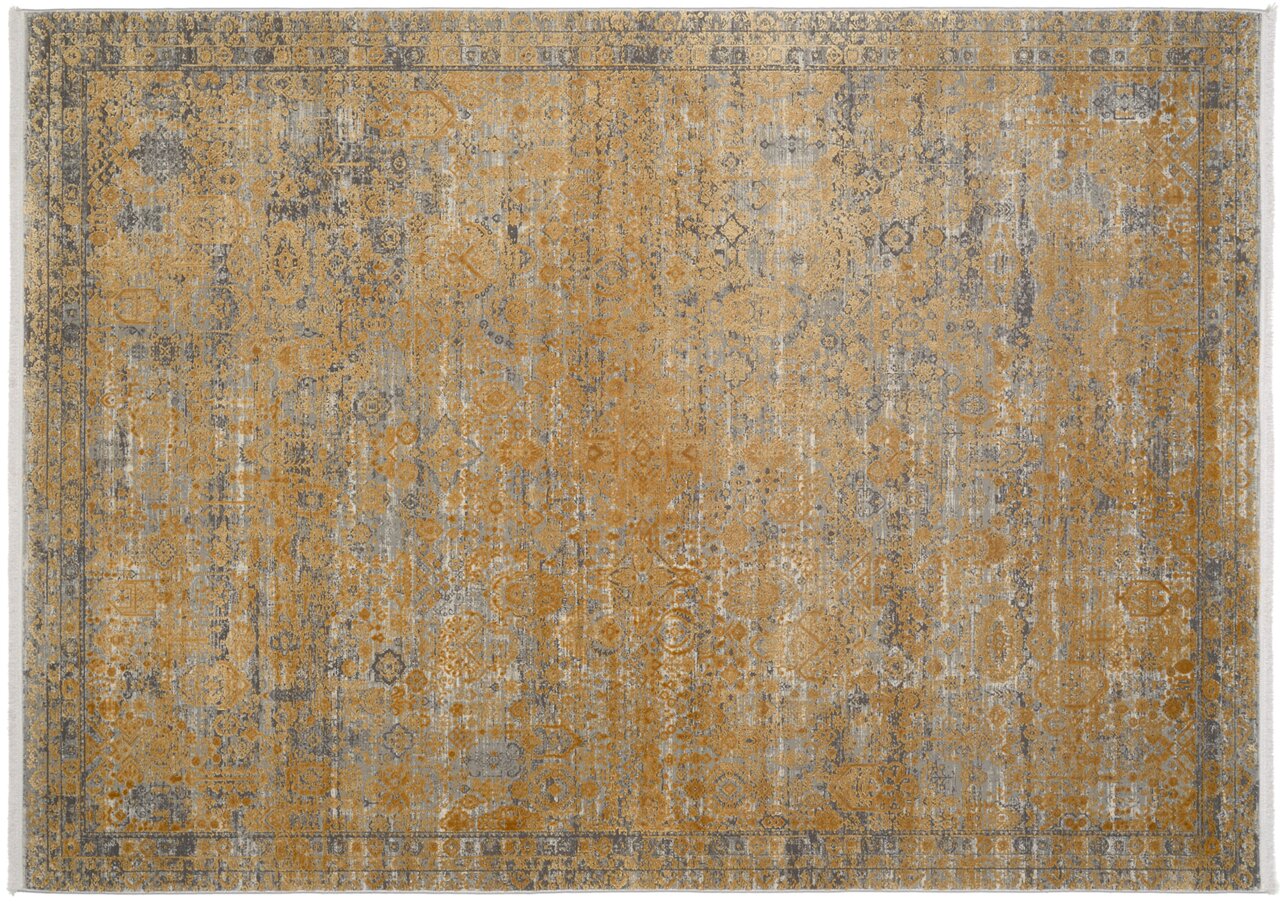 Designer Teppich in goldener und grauer Farbgebung mit komplexem Muster, Draufsicht
