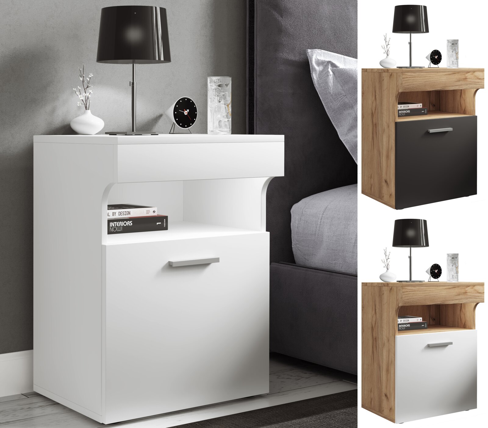Moderner Nachttisch/Beistellschrank mit offener Ablage und großer Schublade, weißer Korpus mit Griff, neben einem Bett dekoriert mit Lampe, Vase und Uhr; Perspektive: frontale leicht seitliche Ansicht.