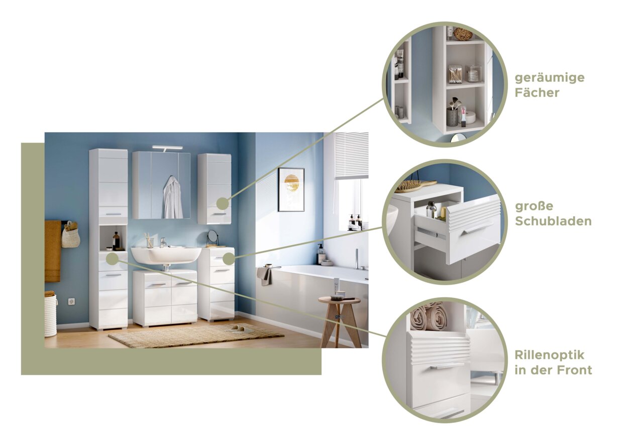 Badezimmermöbel-Set in moderner Perspektive mit geräumigen Fächern, großen Schubladen und Rillenoptik in der Front.