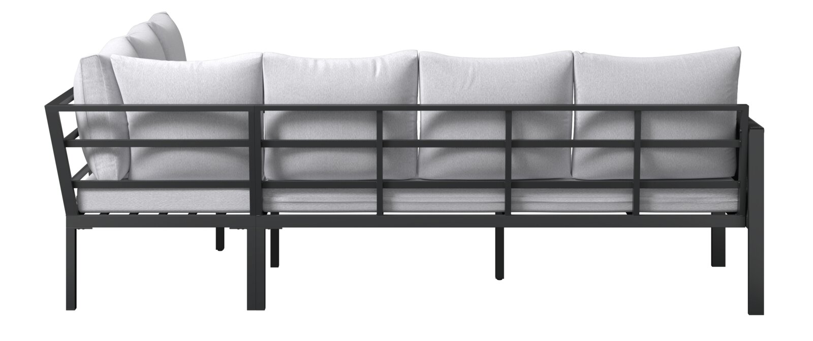 Rückansicht eines Gartenlounge-Sets mit schwarzem Metallrahmen und weißen Kissen.