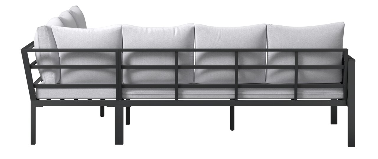 Rückansicht eines Gartenlounge-Sets mit schwarzem Metallrahmen und weißen Kissen.