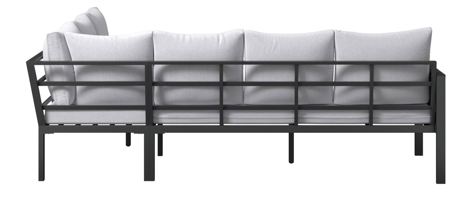 Rückansicht eines Gartenlounge-Sets mit schwarzem Metallrahmen und weißen Kissen.