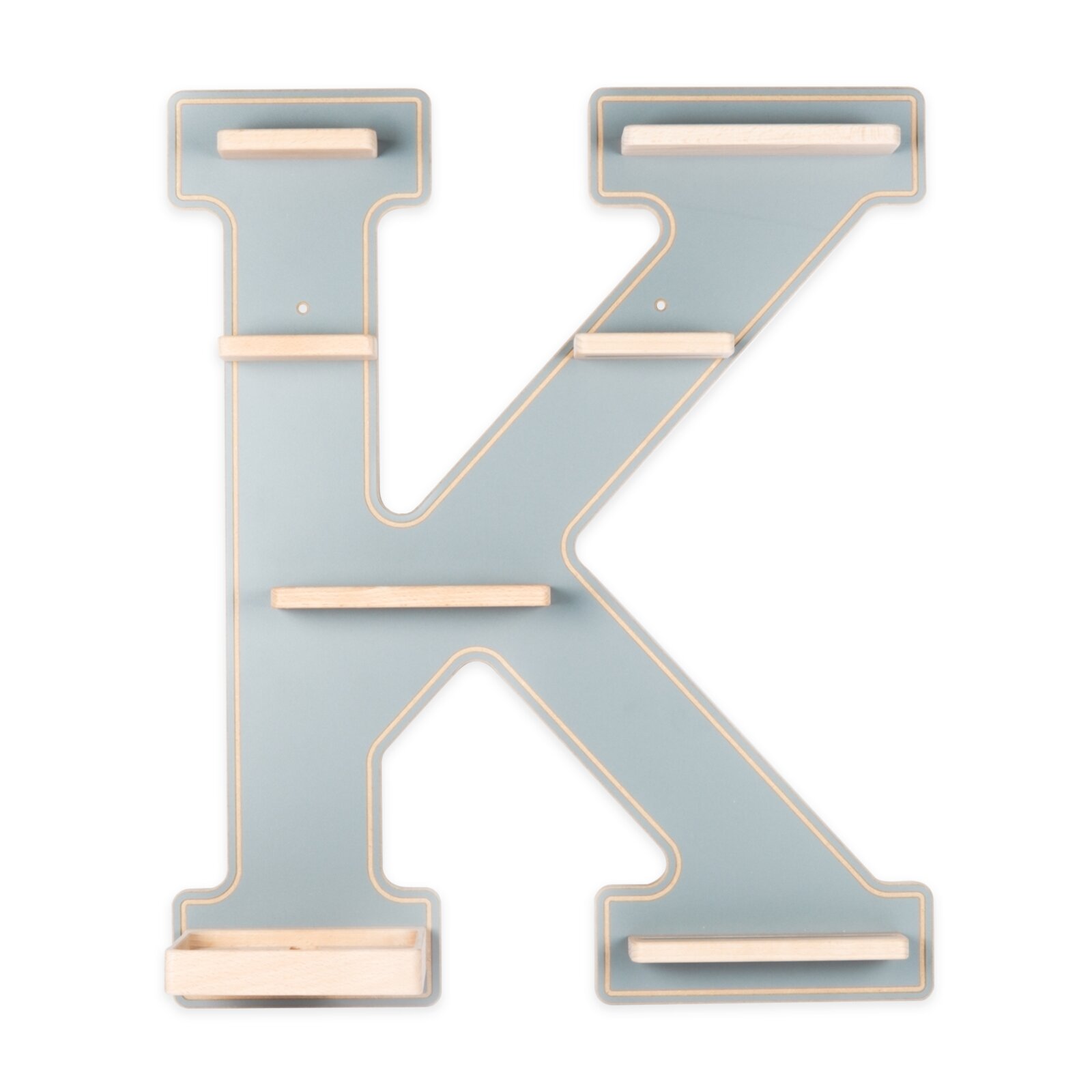 VCM Boarti Tonieregal-Buchstabe K Buchstabenregal in Form eines großen K in Hellblau mit naturfarbenen Holzleisten und kleiner Ablage, freigestellt auf weißem Hintergrund, Frontansicht