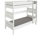 Weißes Etagenbett mit grauen Matratzen, seitliche Perspektive