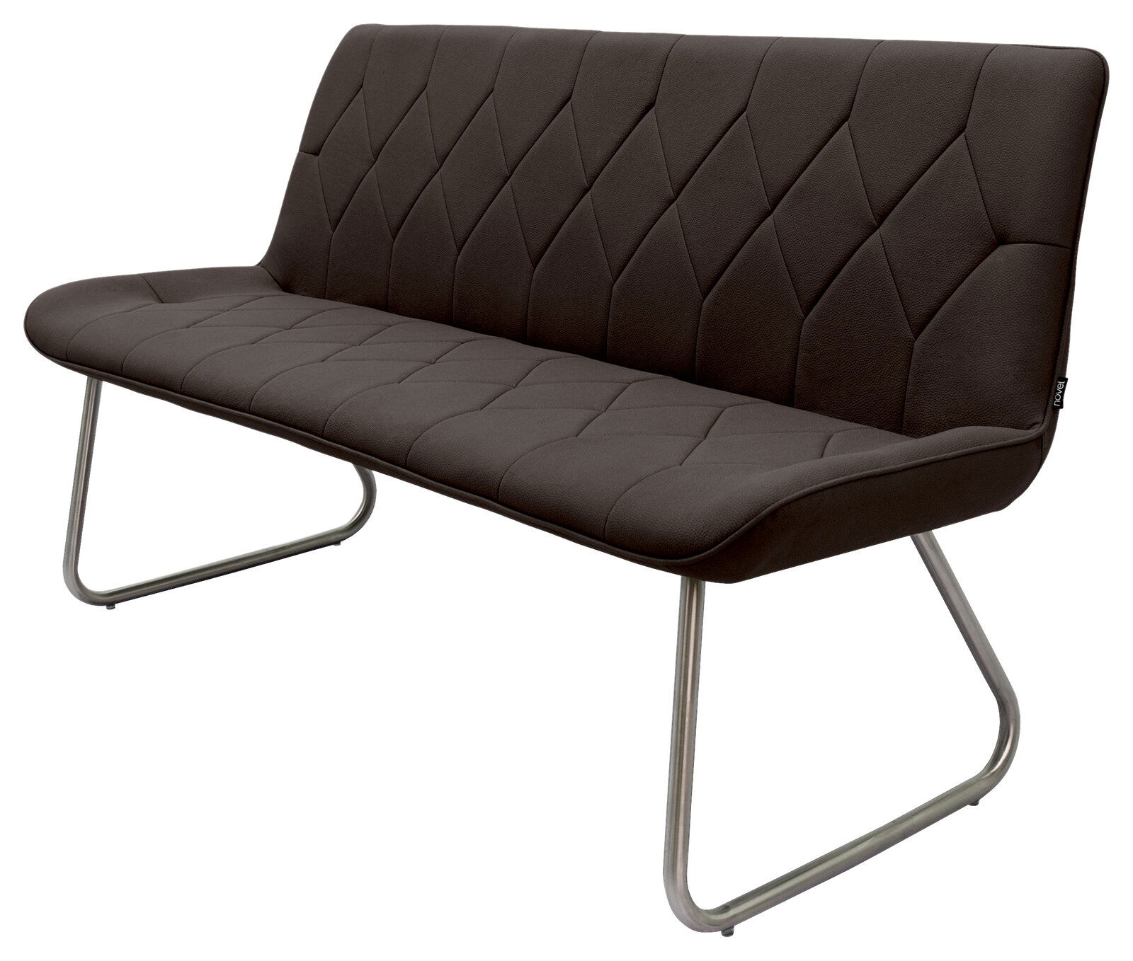 Moderne braune Bank mit gepolsterter Sitzfläche und Rückenlehne, gestepptem Muster und Metallbeinen, seitliche Perspektive.