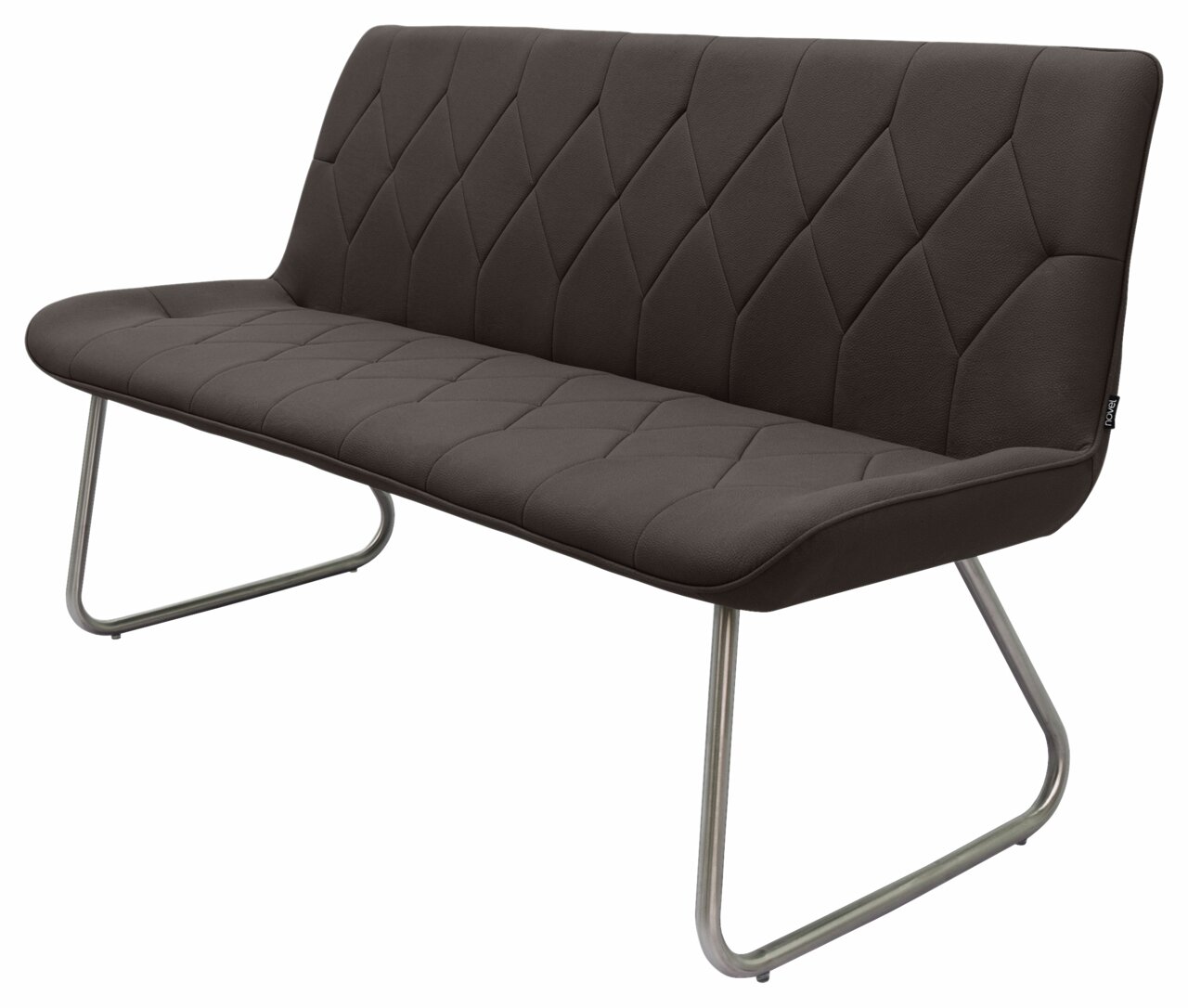 Moderne braune Bank mit gepolsterter Sitzfläche und Rückenlehne, gestepptem Muster und Metallbeinen, seitliche Perspektive.