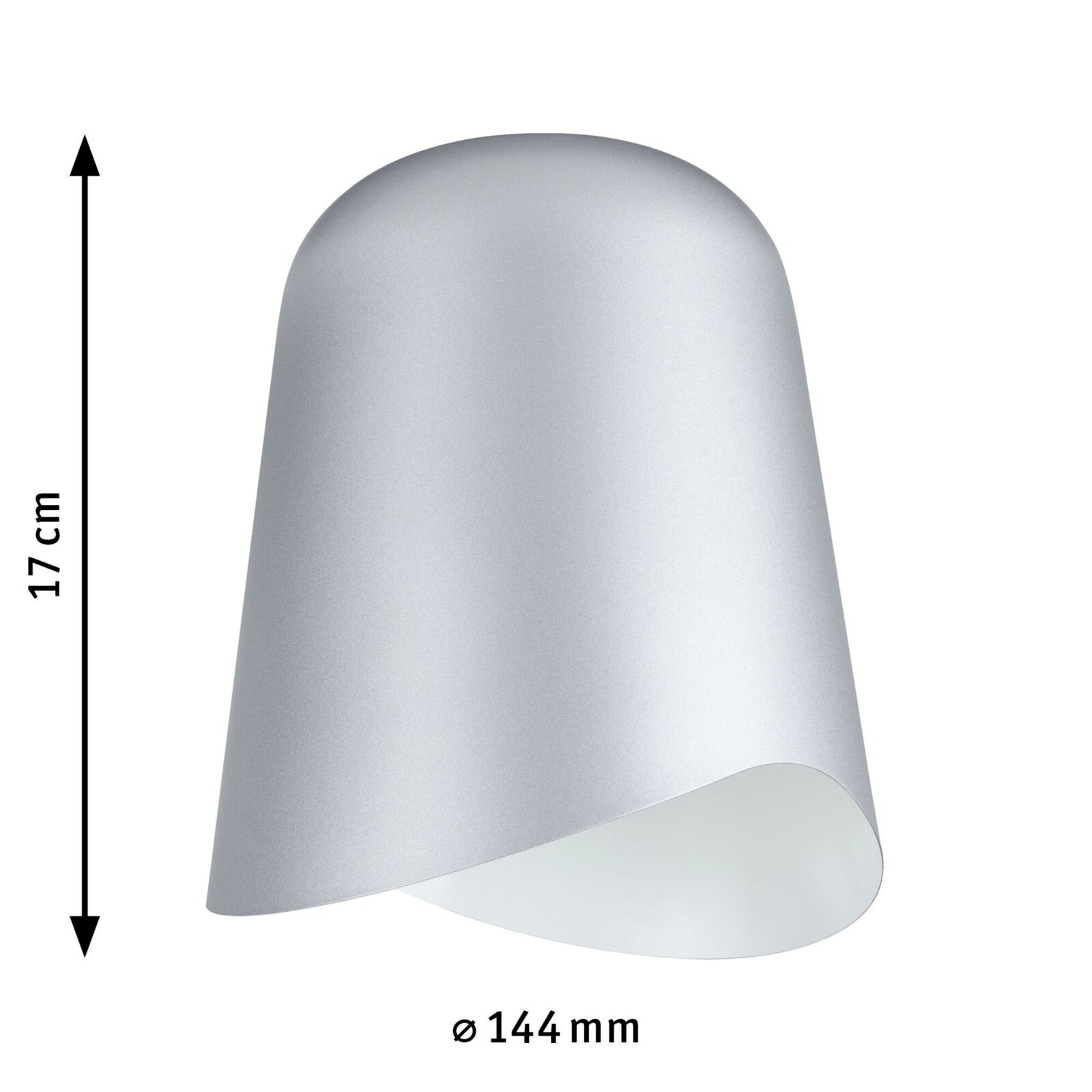 Zilveren decoratieve paraplu Alvaro met een hoogte van 17 cm en een diameter van 144 mm, gezien vanaf de zijkant.