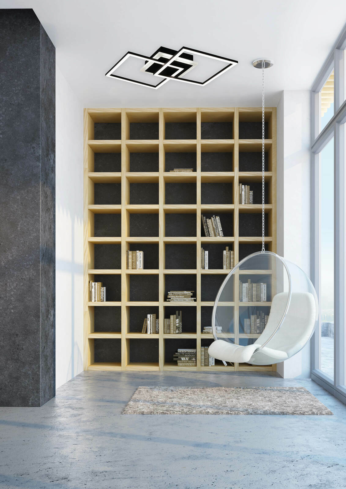 Moderne LED-Deckenleuchte in geometrischem Design, an der Decke eines stilvollen Wohnzimmers mit Bücherregal und Hängesessel montiert, aus der Perspektive des Raumes betrachtet.