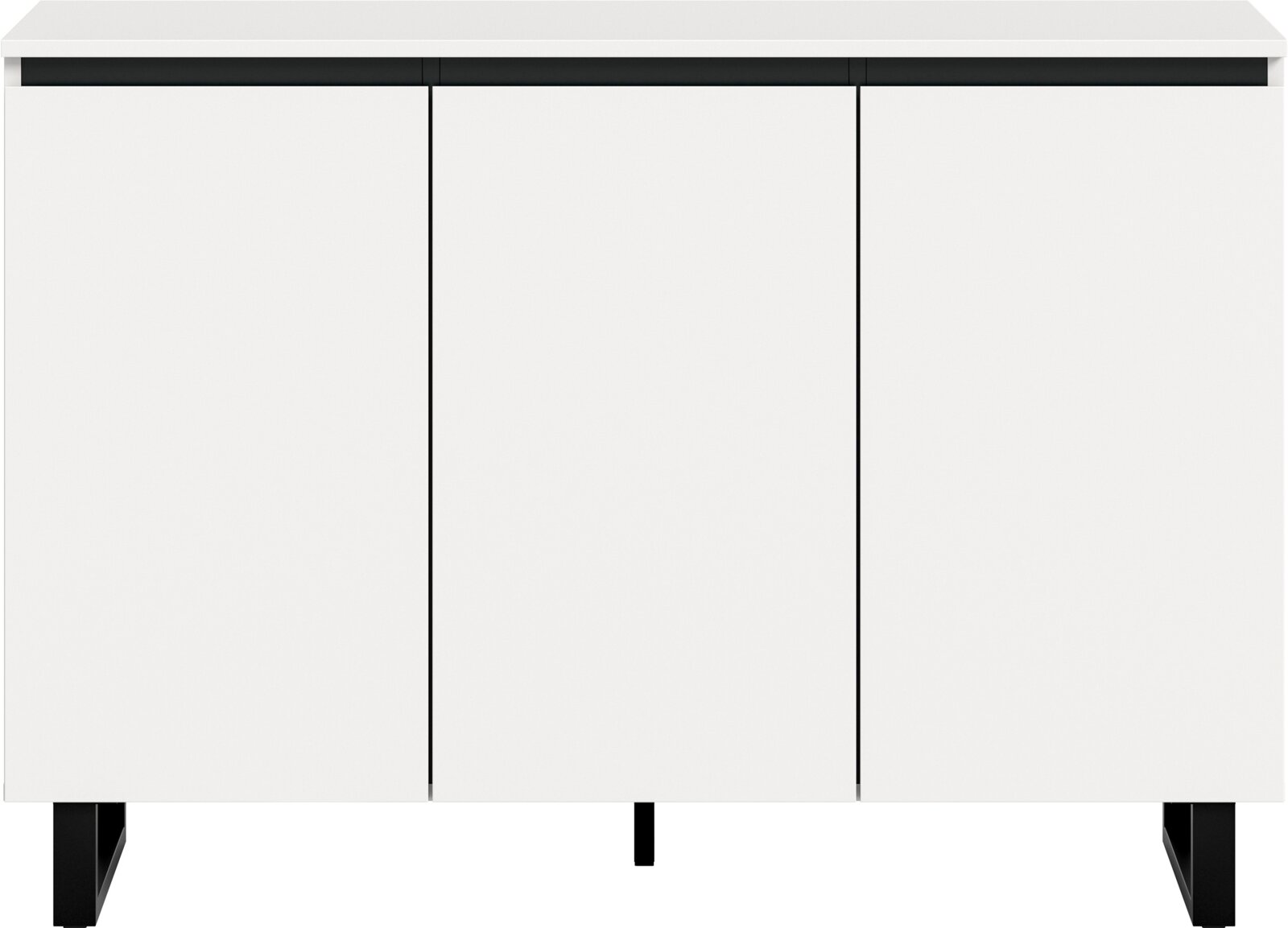 Modernes weißes Sideboard mit drei Türen, frontal betrachtet.