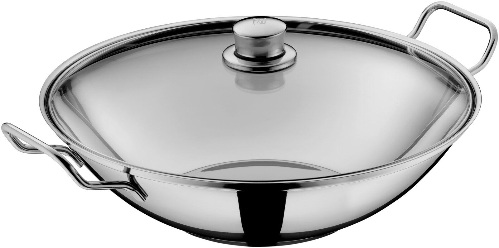 Edelstahl-Wok mit Glasdeckel und zwei Griffen, seitliche Perspektive