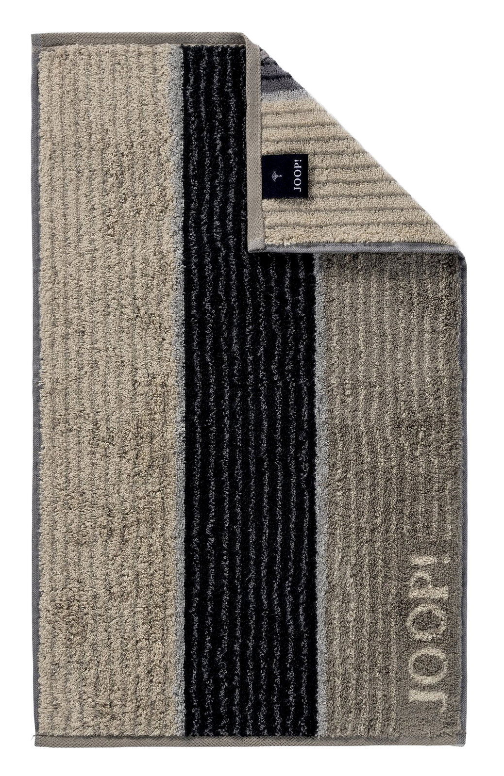 Gästetuch mit Streifenmuster in Beige und Schwarz, Markenlabel sichtbar, Draufsicht