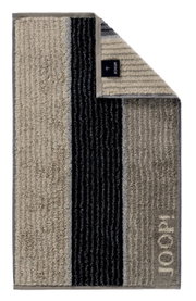Gästetuch mit Streifenmuster in Beige und Schwarz, Markenlabel sichtbar, Draufsicht